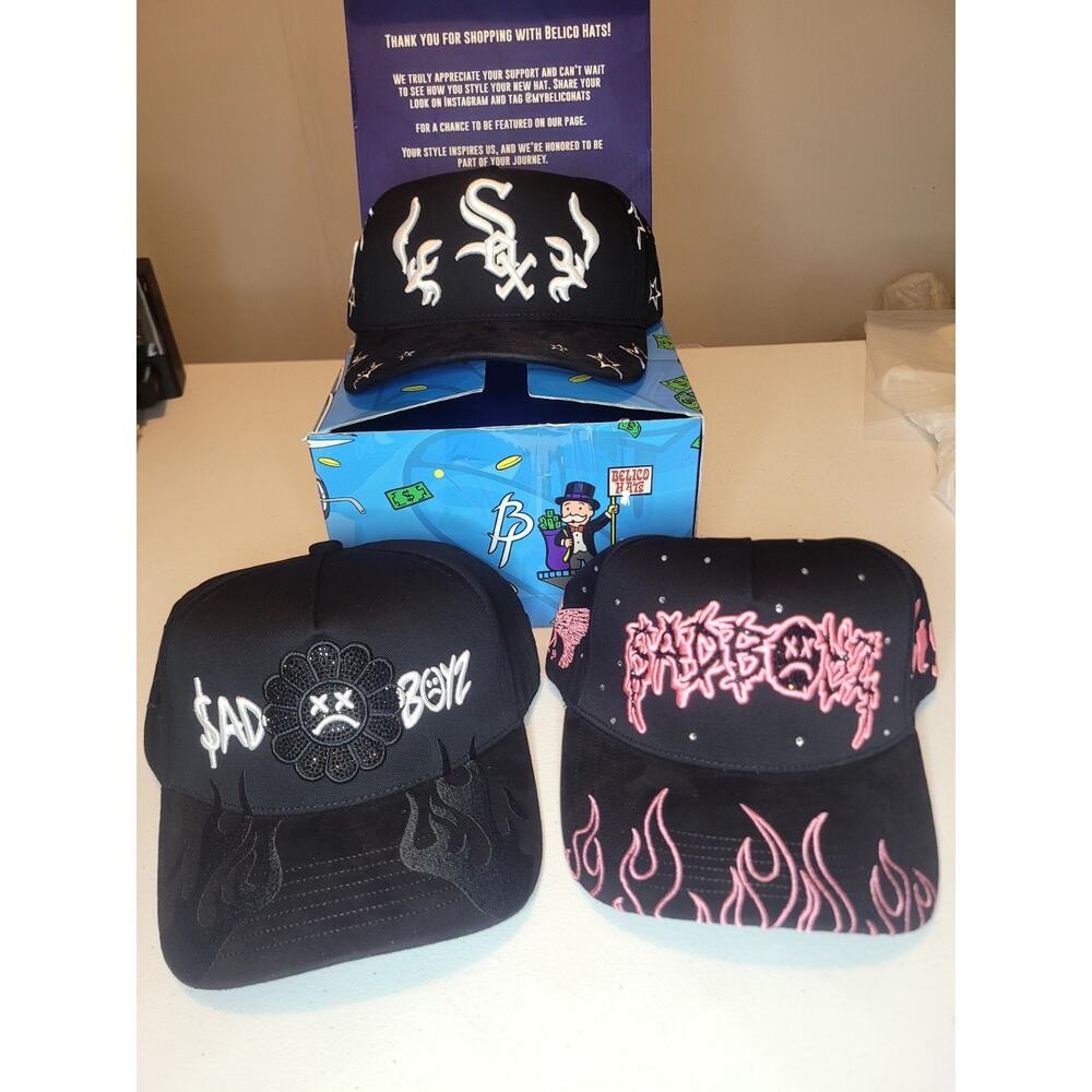 NEW Belico Hats LOT OF 3 Sad Boyz, Sox Embroidered Embellished Snapback Urban